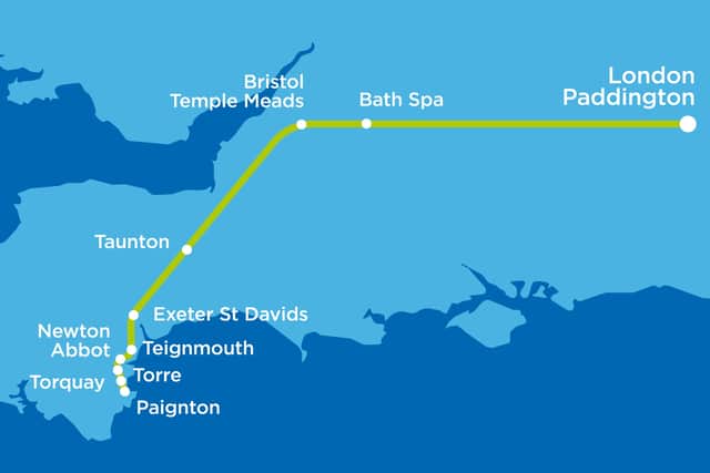 Map of the proposal: The trains will run from Paignton to London Paddington, calling at Torquay, Torre, Newton Abbot, Teignmouth, Exeter St David’s, Taunton, Bristol Temple Meads and Bath Spa. 