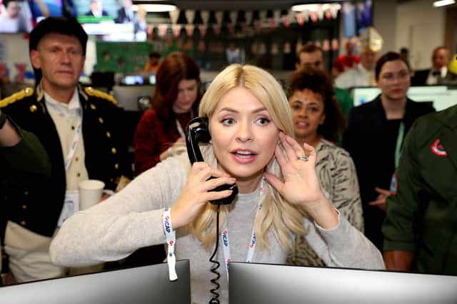 This Morning co-host Holly Willoughby, Countdown’s Rachel Riley, actor Will Poulter and model Abbey Clancy were also spotted picking up the phone on charity day.