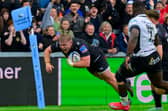 Max Norey of Exeter Chiefs dives over for a try. Pic from PPAUK