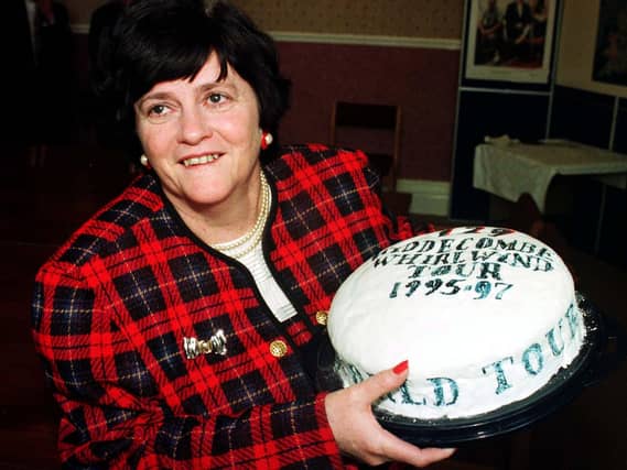 Then prisons minister, Ann Widdecombe celebrates her 129th and final prison visit in 1997 with a cake made by young offenders at Spring Hill open prison, Buckinghamshire