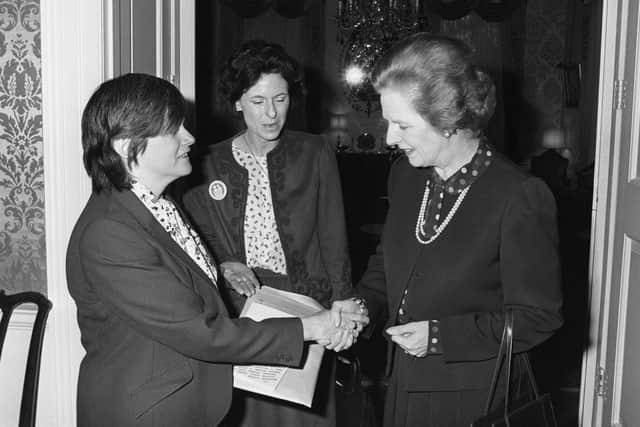 Then prime minister Margaret Thatcher (right) greets Ann Widdecombe (left), with Lady Olga Maitland during a reception in 1984 at No 10 Downing Street for members of the Women and Families for Defence (PA)