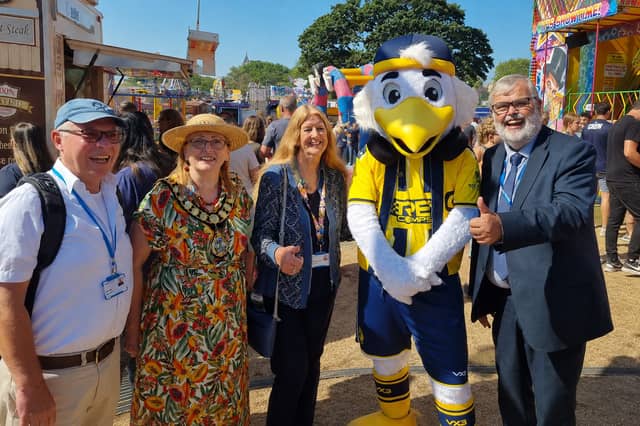 Torbay Fair Play Day with Cllr Nick Bye, mayor Hazel Foster, Cllr Jackie Thomas, Gilbert the Gull and Cllr Dave Thomas