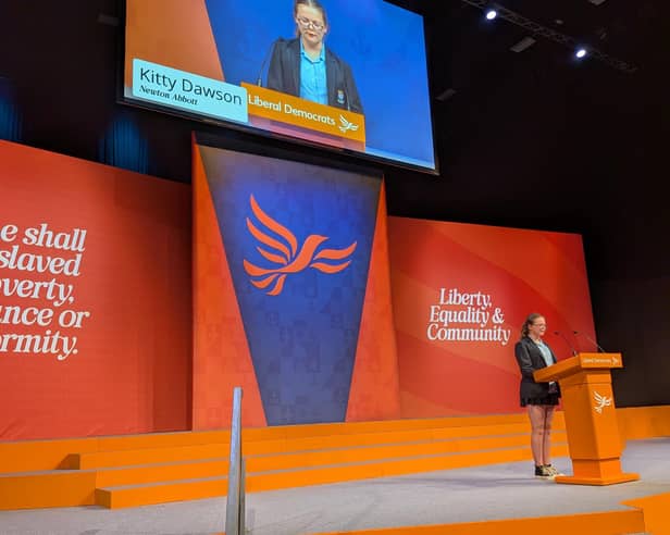 Kitty Dawson on the stage and big screen at the national Liberal Democrat party conference