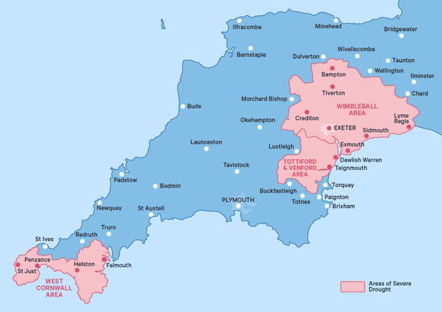 The areas of Devon and Cornwall currently under severe drought status.