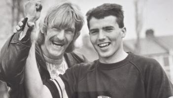 Kenny Allen (left) prepares to come out of retirement to replace the injured Kenny Veysey before the 1989 Sherpa Van Trophy Semi-Final upset win at Wolves (pic Torbay News Agency)