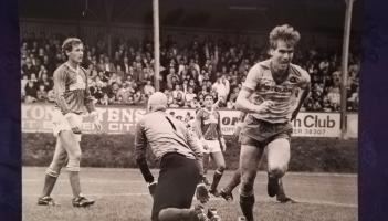 Jim McNichol turns to celebrate his winning header at Exeter in 1987