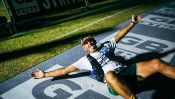 Matt Dalton celebrating at the end of the Race Across Scotland. Image courtesy Neil Shearer
