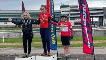 Mid-Devon CC's Cathy Kilburn celebrates her latest victory at Chepstow Racecourse