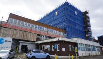 Scaffolding around the tower at Torbay Hospital