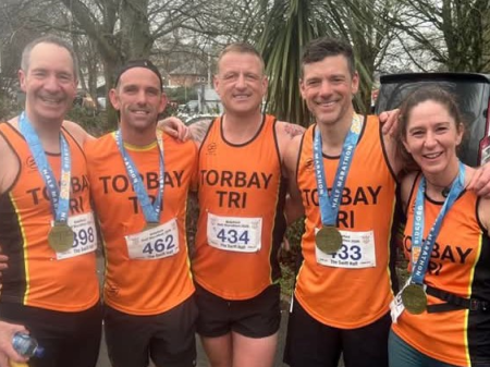 Nigel Fenn, Frances Haddrell, Paul Whitehead, Tom Le Gallez and Kate Baldock after a very successful Bideford half marathon