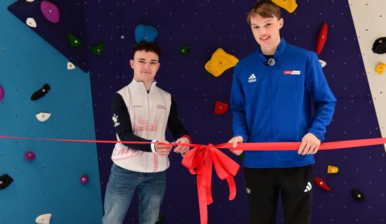 Left Great Britain tumbler Alfie Collier and GB climber Fin Kerswell who are both former TBGS pupils and the wall's official ribbon cutting ceremony Pictures miraclePR.com