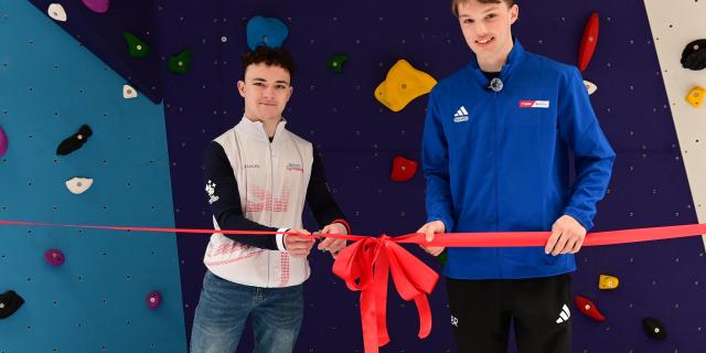 Left Great Britain tumbler Alfie Collier and GB climber Fin Kerswell who are both former TBGS pupils and the wall's official ribbon cutting ceremony Pictures miraclePR.com