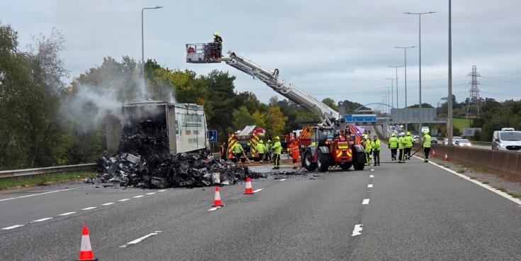 Newton Abbot firefighters battle large lorry fire on M5 near Exeter