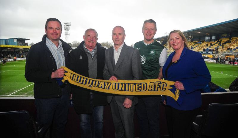 Kevin Foster MP, Torbay Weekly Editor Jim Parker, TUFC Director George Edwards, Luke Pollard MP and TUFC Director Mel Hayman. Pic from PPAUK