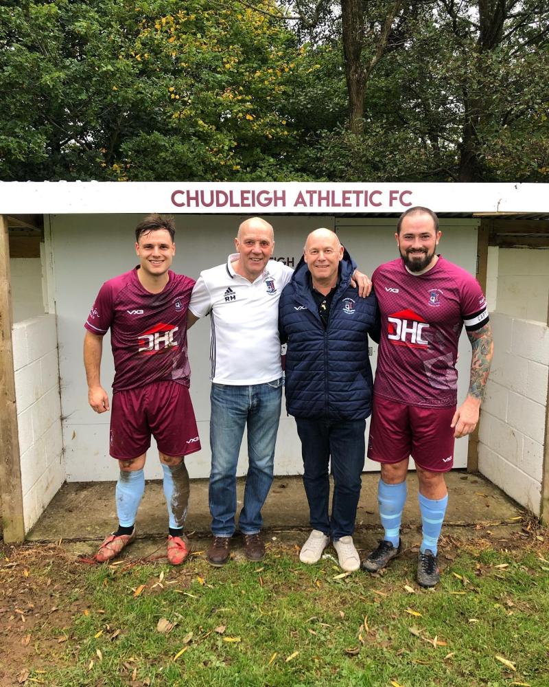Chudleigh's Matty Williams vice captain Roger Harvey chairman Dave Hill sponsor Joe Long captain
