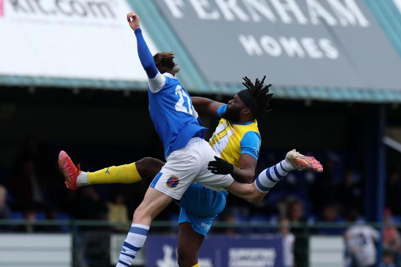Duane Ofori-Acheampong of Torquay United jumps for a header. Pic from PPAUK