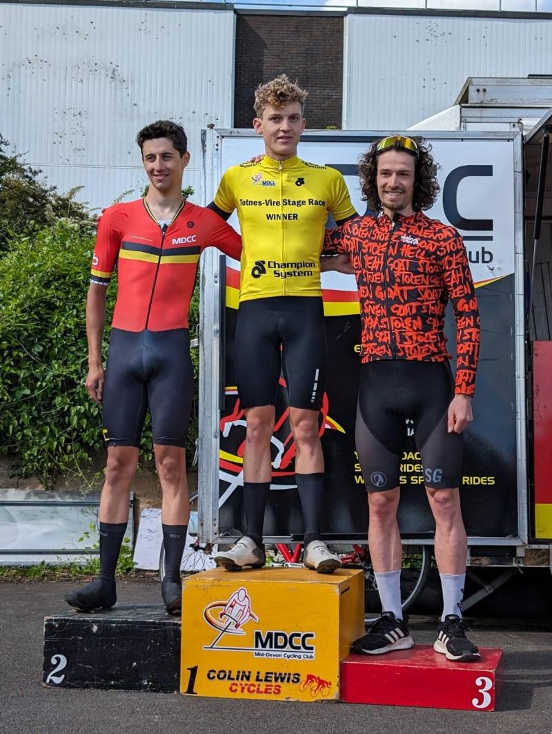 Totnes-Vire 2Day winner Gabriel Dellar (Stolen Goat RT) is flanked by runner-up Charlie Meredith (Mid-Devon CC) and Dellar's teammate Thomas Heal (pic Martin Smith)