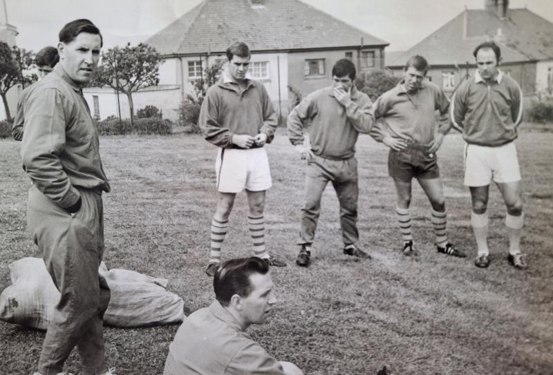 The late Frank O'Farrell briefs John Dunn, John Smith, Fred Binney and Jim Fryatt before a pre-season training session at Quinta in 1967 with assistant Jack Edwards in the foreground