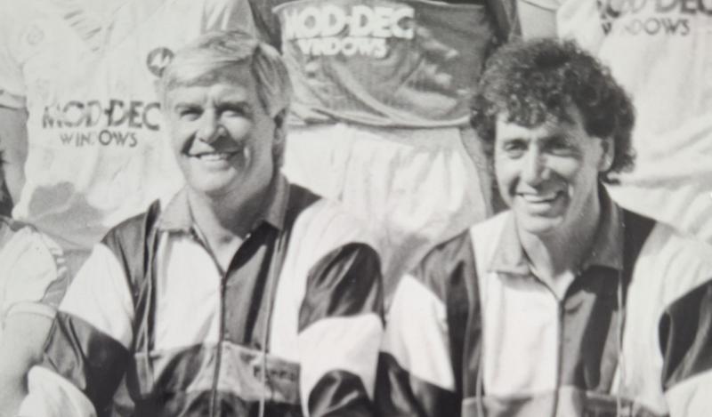 Torquay United manager Cyril Knowles (left) and player-coach Sean Haslegrave pictured before the start of the 1988-89 season at Plainmoor