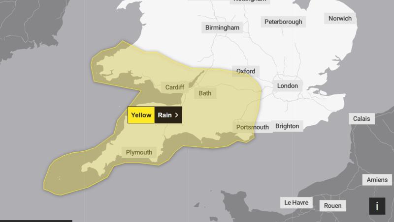 Weather warning issued as 'wall of rain' set to hit Devon