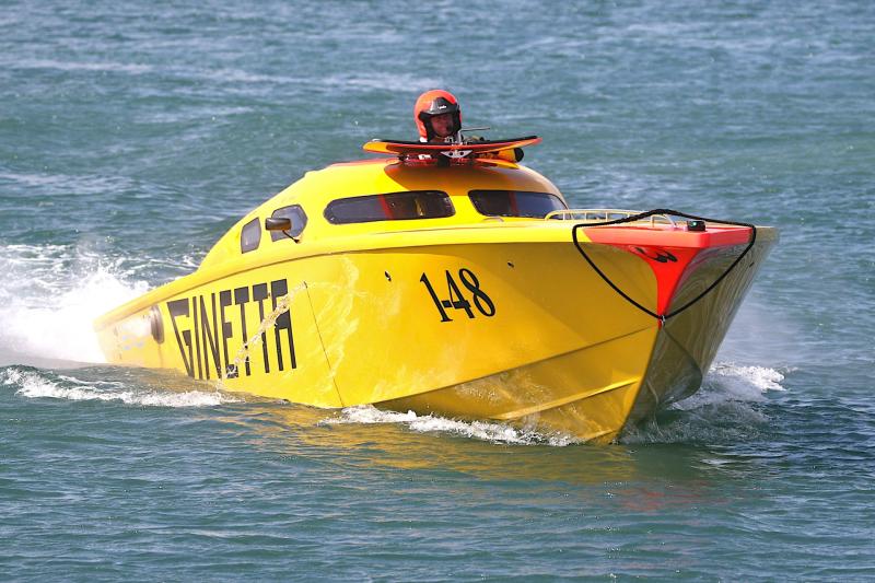 Laa Laa - Dean Stoneman; Harry Thomas; Myles Thompson - third boat into Torquay and the overall race winner. Dean Stoneman emerges from the cockpit