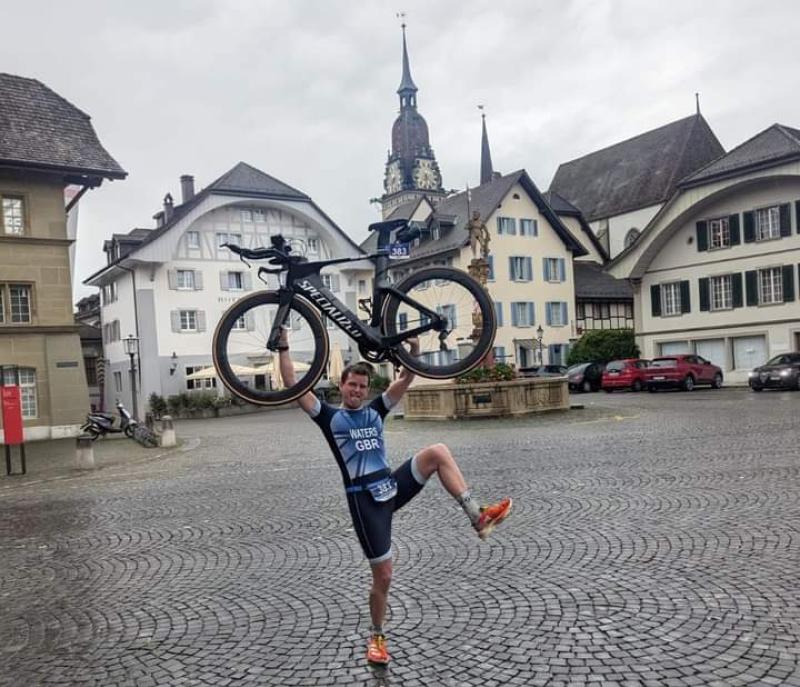 Steve Waters flying the Team GB flag in Switzerland