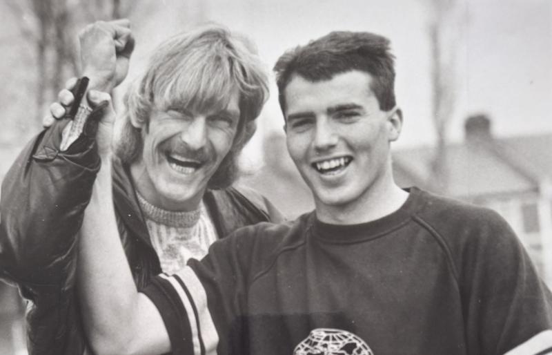 Kenny Allen (left) prepares to come out of retirement to replace the injured Kenny Veysey before the 1989 Sherpa Van Trophy Semi-Final upset win at Wolves (pic Torbay News Agency)