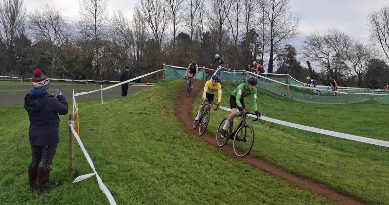 Yellow-jerseyed Series leader Thomas Mein stalks U23 rider Luke Gibson before winning Sunday's Third Round of the Lloyds Bank National Trophy CX at the Torbay Velopark