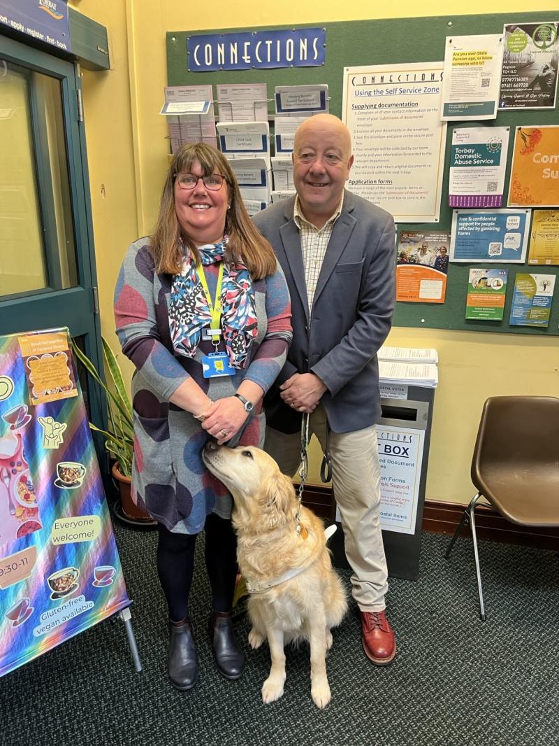 Steve Darling guide dog Jennie and  Sascha Burton. Torquay Library Team Leader