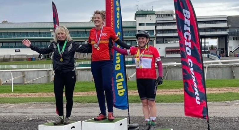 Mid-Devon CC's Cathy Kilburn celebrates her latest victory at Chepstow Racecourse