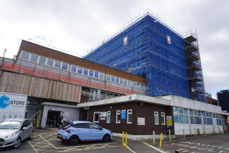 Scaffolding around the tower at Torbay Hospital