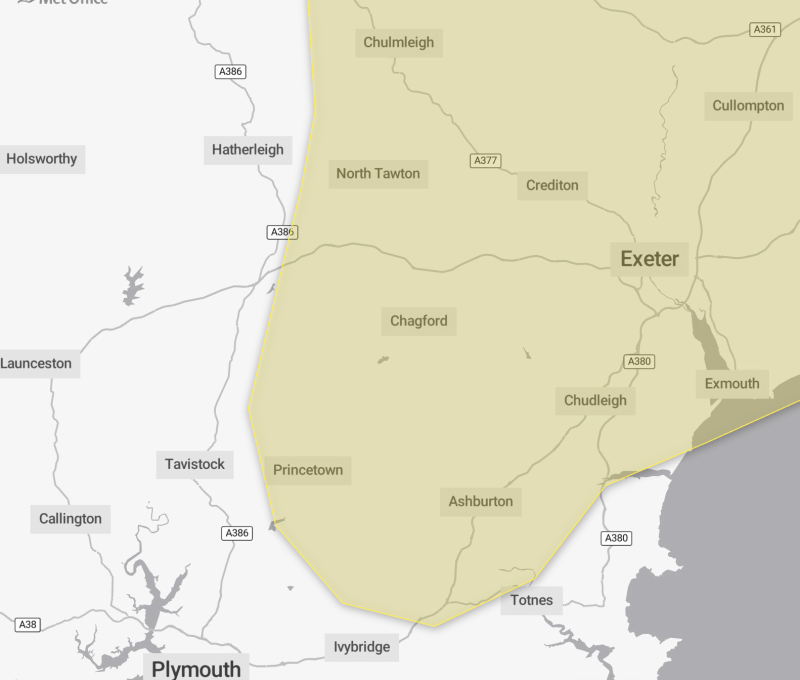 Dartmoor towns of Princetown and Chagford lie within the new warning zone Credit- Met Office