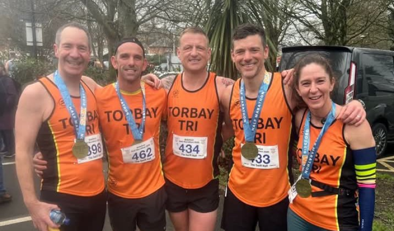 Nigel Fenn, Frances Haddrell, Paul Whitehead, Tom Le Gallez and Kate Baldock after a very successful Bideford half marathon