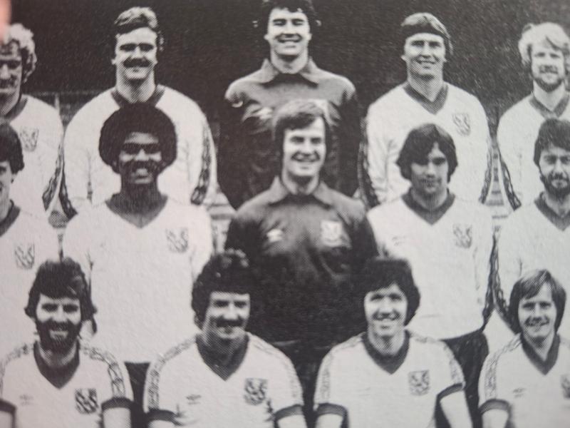 PLAINMOOR 1980 Derek Bellotti (centre), pictured between Les Lawrence and Steve Hayes and in front of fellow goalkeeper Vince O'Keefe.