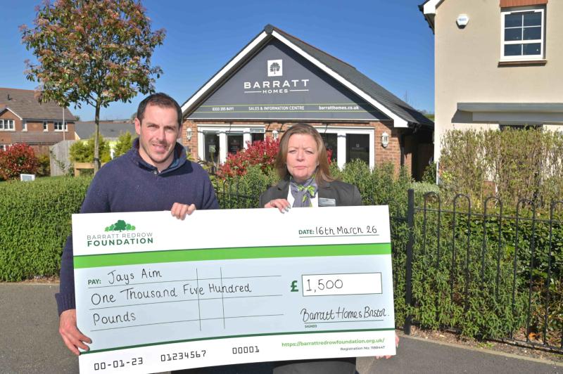 Devon charity Jay's Aim recieved the boost as new donation will support lifesaving work (Image- Barratt Homes)