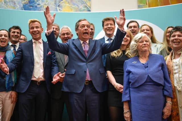 Brexit Party leader Nigel Farage in London in May alongside newly elected Brexit Party MEPs, including Annunziata Rees-Mogg (L), Ann Widdecombe (2nd R) and Claire Fox (R).