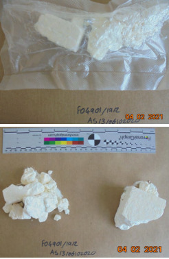 Cocaine located in a wardrobe in the home address of Leum Barrett on his arrest on Ocober 6, 2020 Pic Devon and Cornwall Police