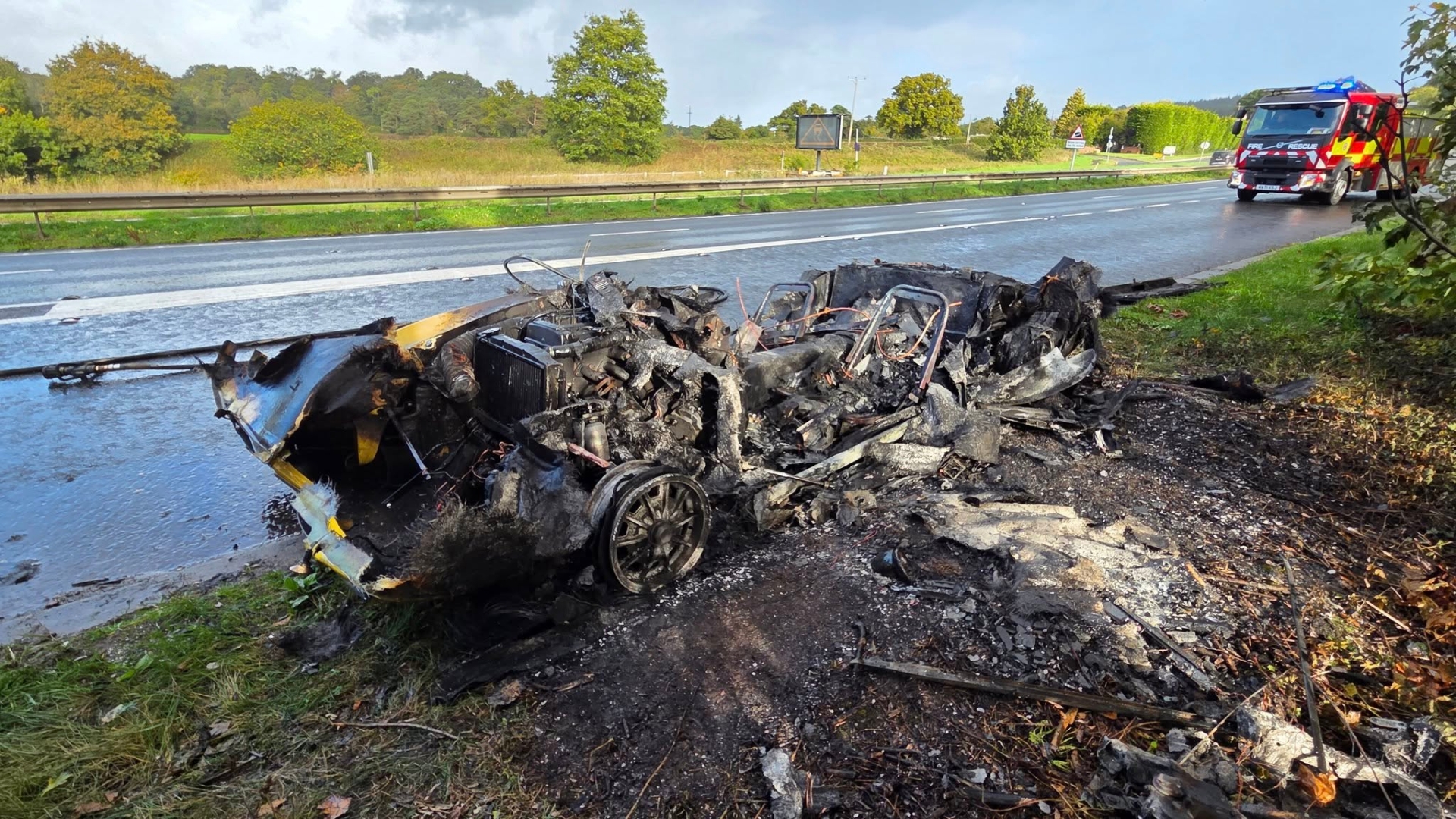 Classic Lotus sports car totally destroyed in a fire on the A38 Pic Newton Abbot fire station