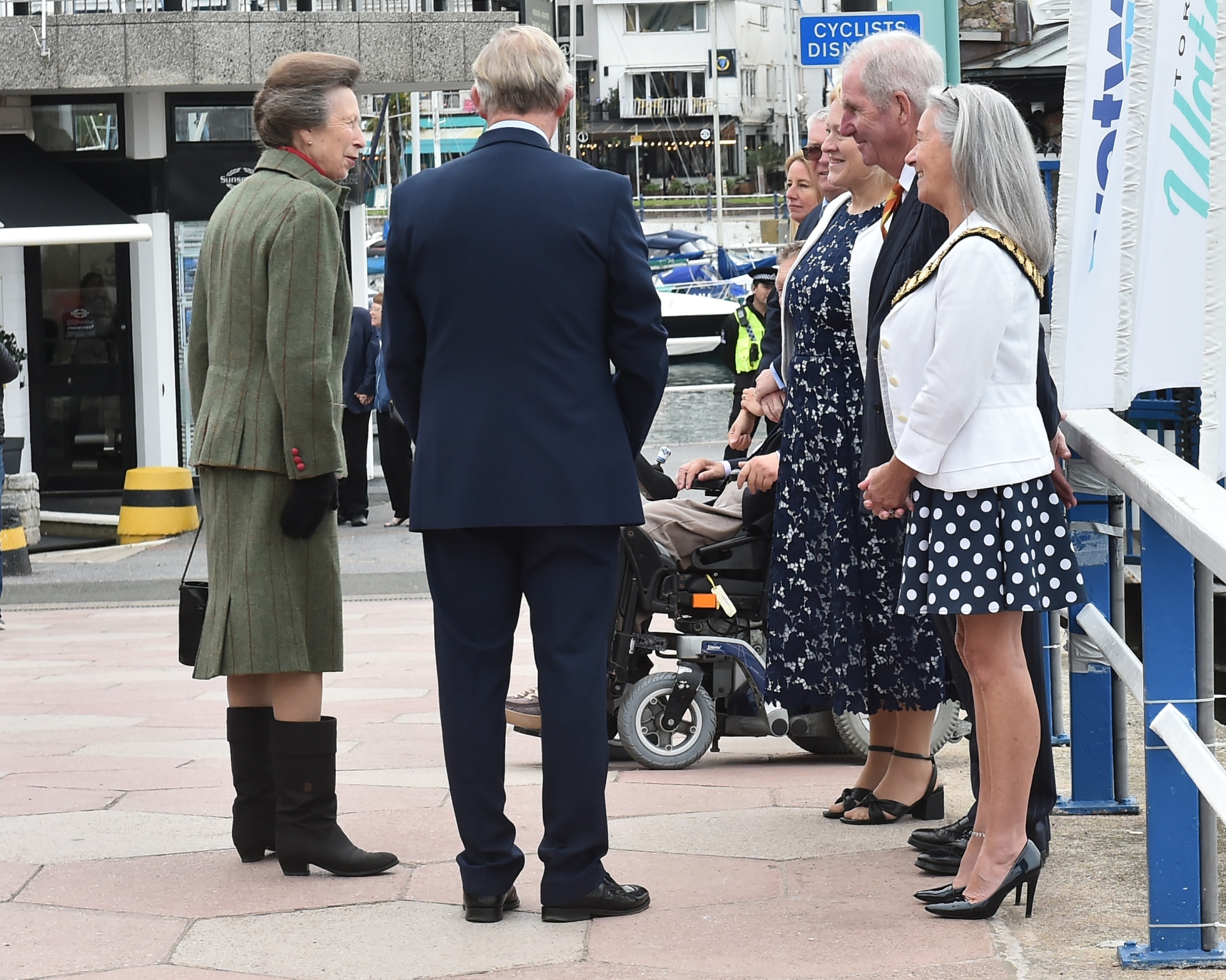 Princess Anne is welcomed by mayor Barbara Lewis, her consort Chris Lewis and Torbay Council chief executive Anne-Marie Bond
