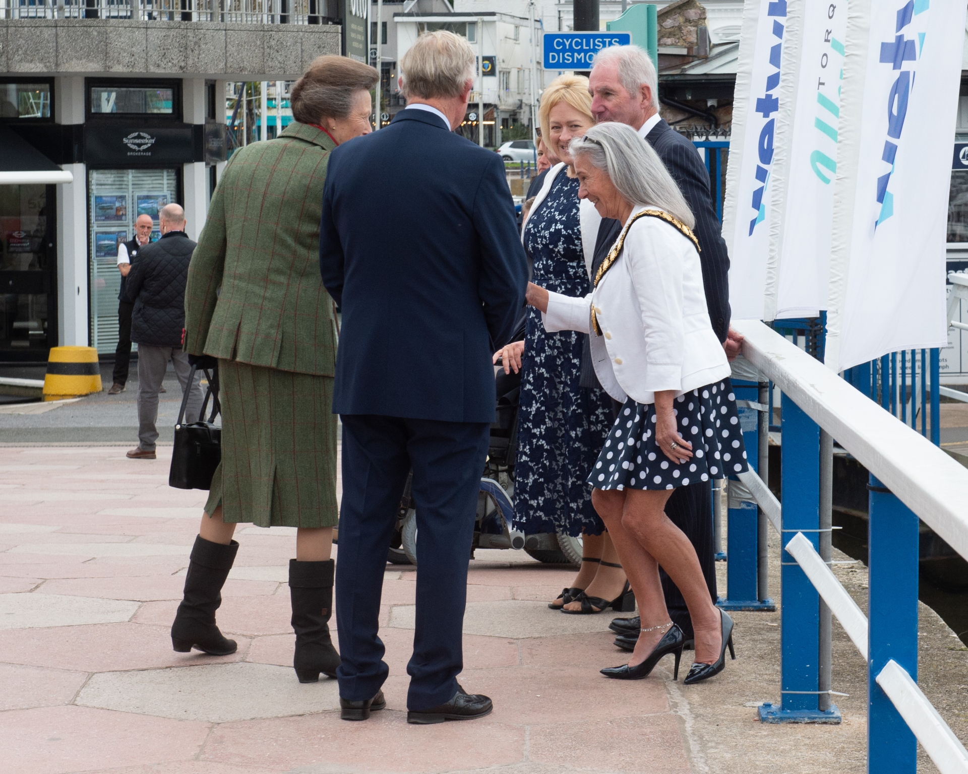 Princess Anne is welcomed by mayor Barbara Lewis, consort Chris Lewis and Torbay Council chief executive Anne-Marie Bond