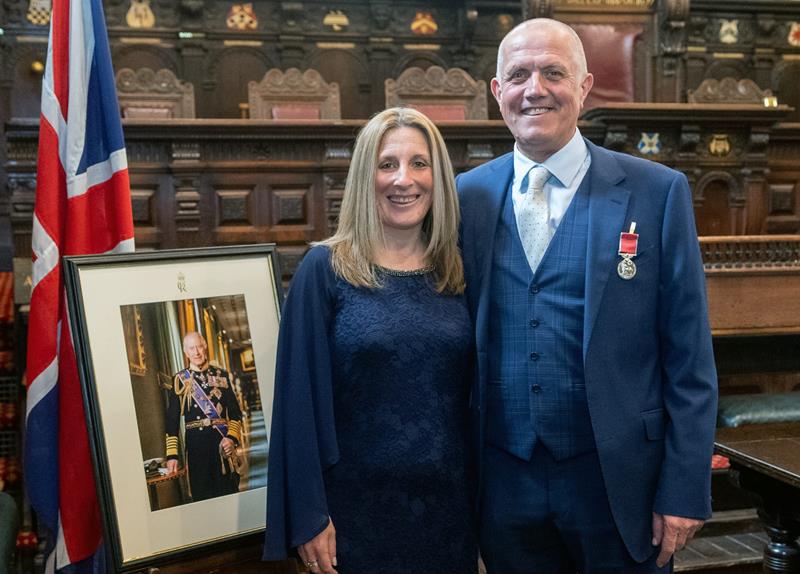 Ian Barney Barnaby with his wife Lorraine, at his investiture for the British Empire Medal (BEM) in 2024