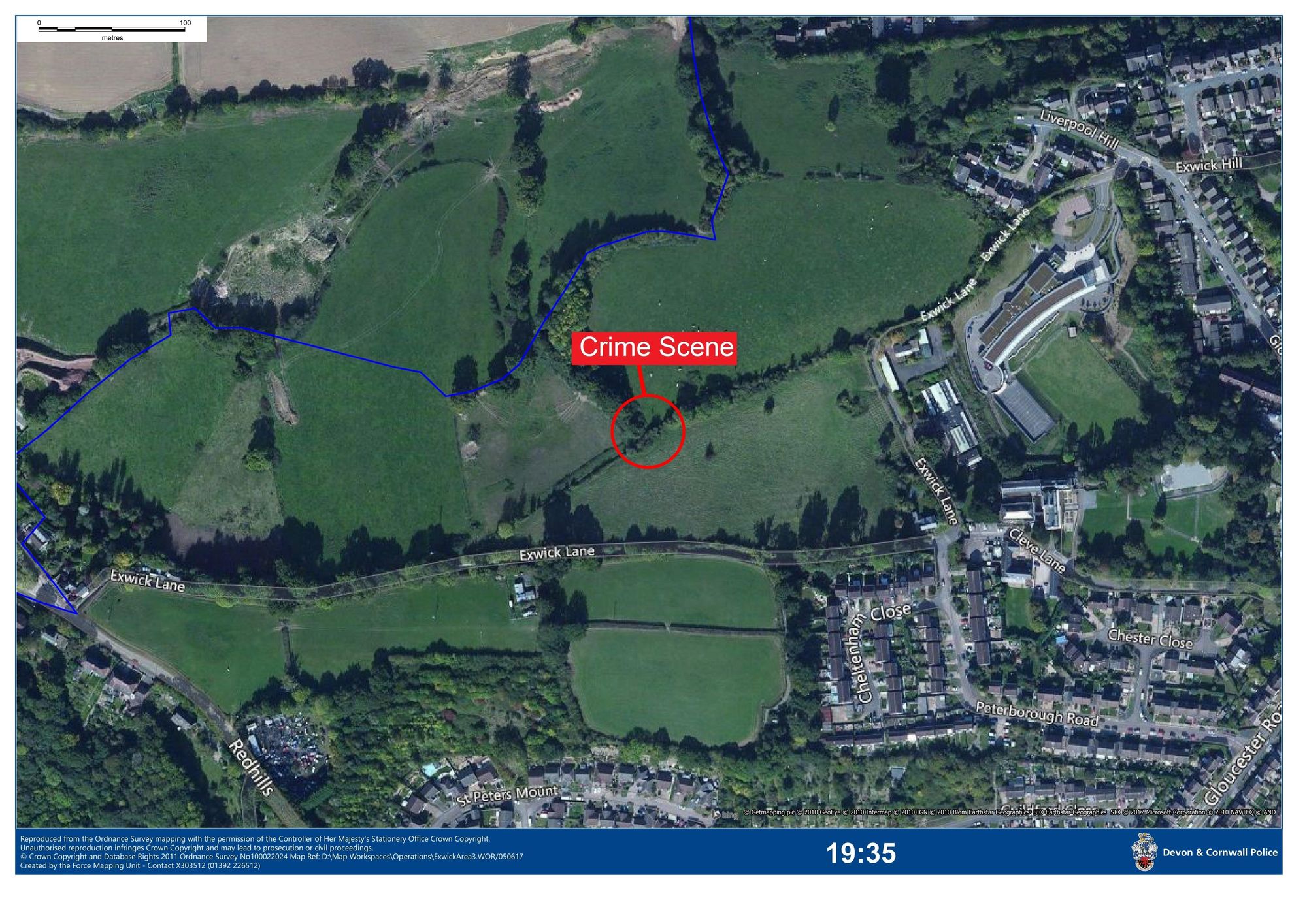 Exwick aerial view highlighting the crime scene.