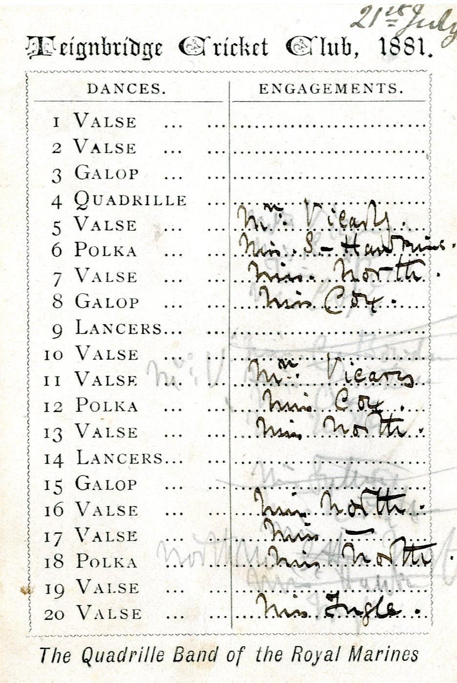 A Teignbridge C.C. Dance Card of 1881  The gent owning the card has booked his partner for almost every dance!