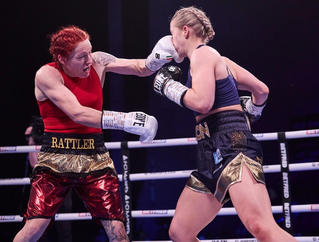 Action from the fight between Kristine Shergold and Rhiannon Dixon. Credit: Mark Robinson/Matchroom Boxing