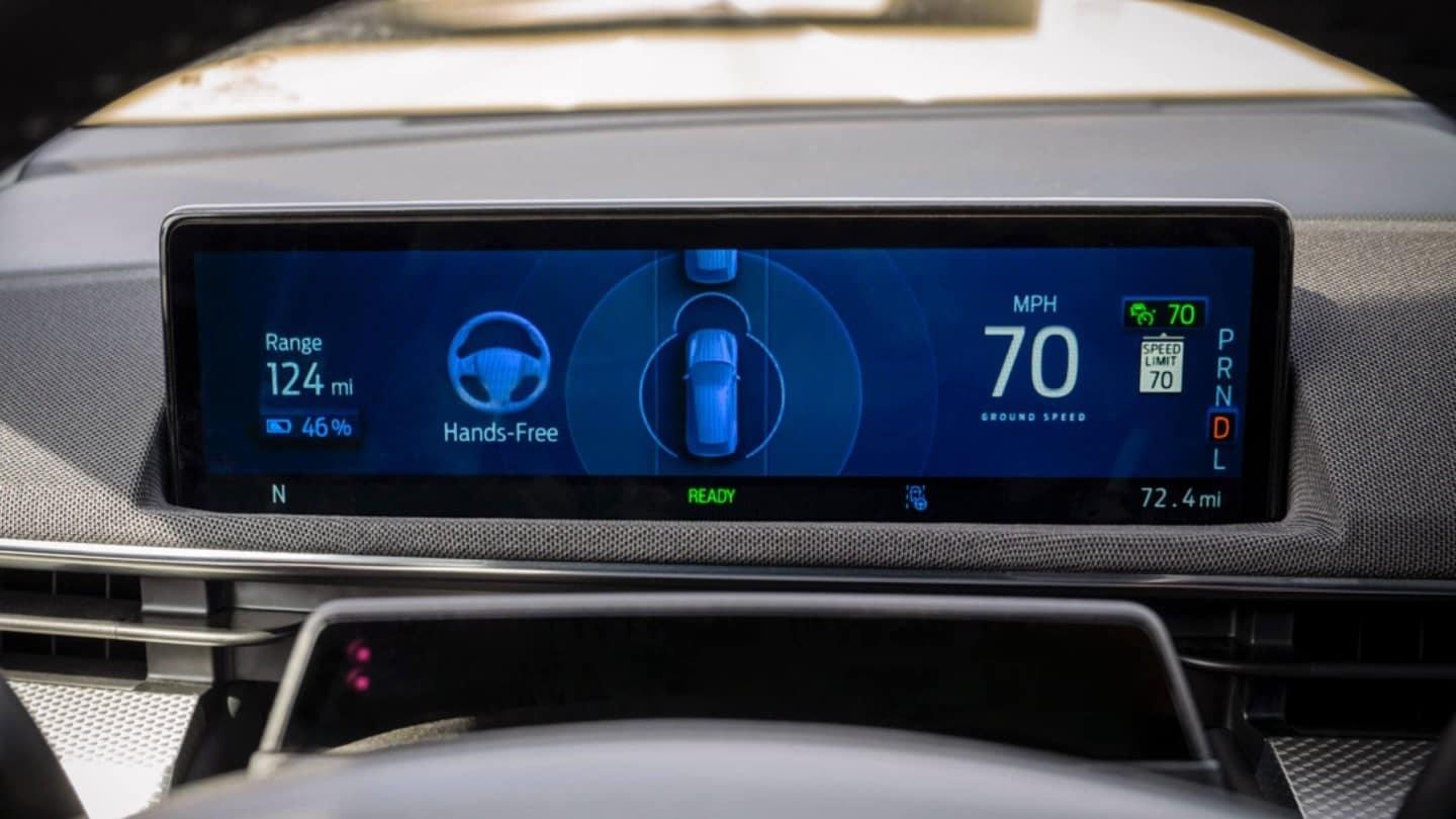 BlueCruise uses the driver-facing camera to monitor gaze and head position, checking that the driver's attention is on the road ahead before the vehicle takes control. Credit Ford UK
