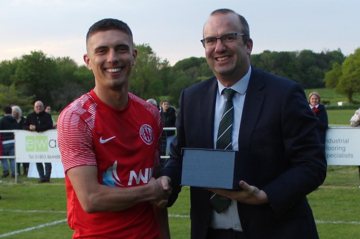 Man of the Match Matt Warman with sponsor Paul Collins, of Francis Clark, following the Dartmouth Cup final. Ilsington Villa won 7-2. Credit: Derek Castree