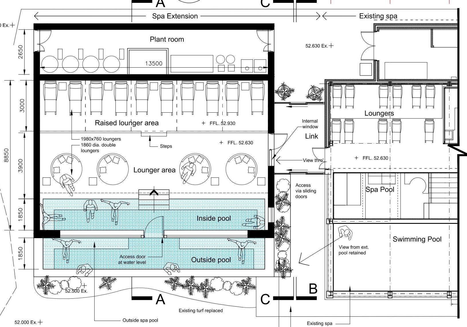 A floor plan of the extension to Lincombe Hall's spa